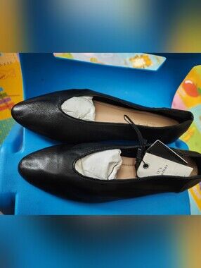NWT ZARA Black Leather Almond Toe Ballet Flats